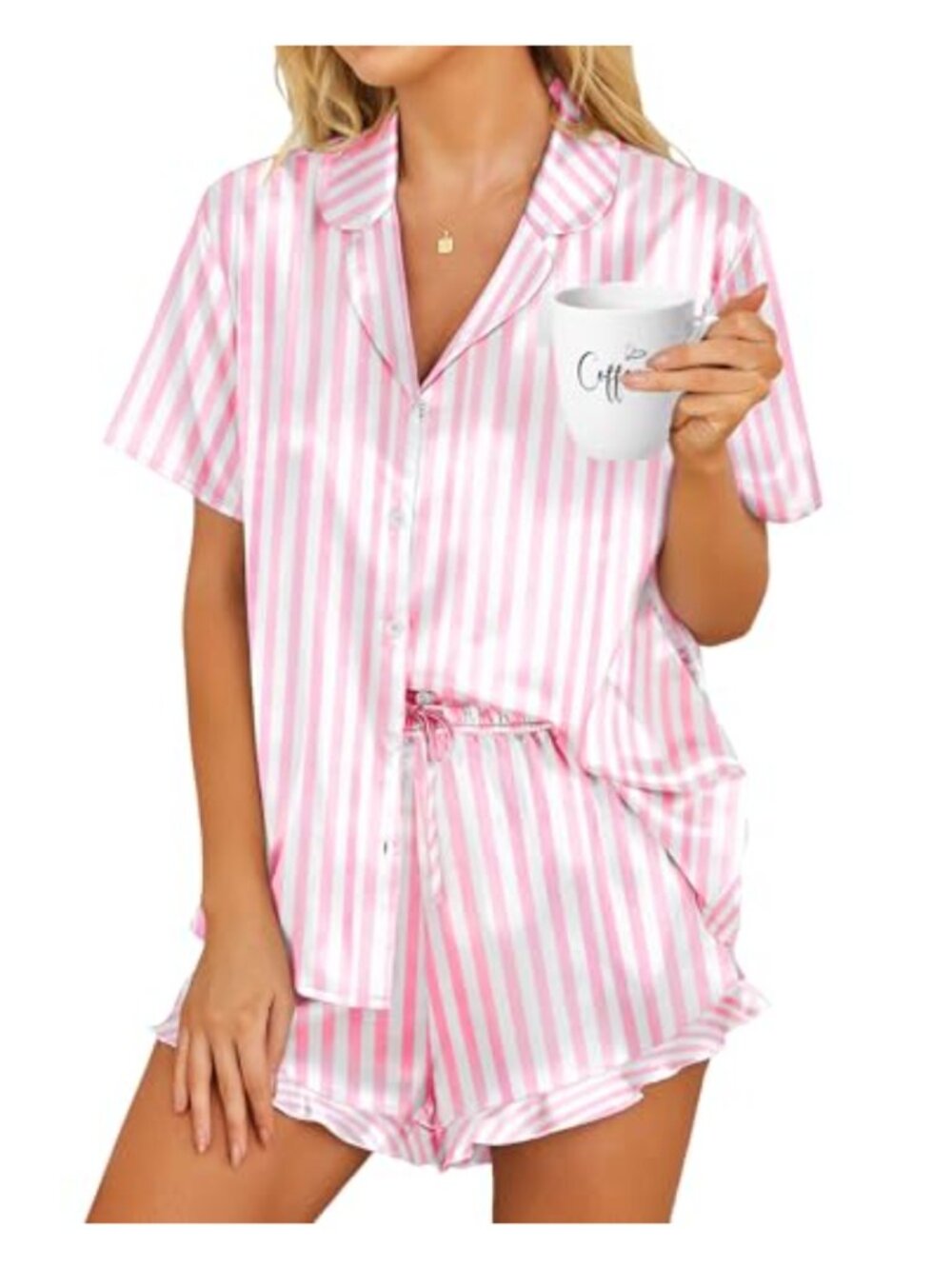 Satin Pajama Set Button Down 2 Piece Sleepwear Pjs Shorts Set